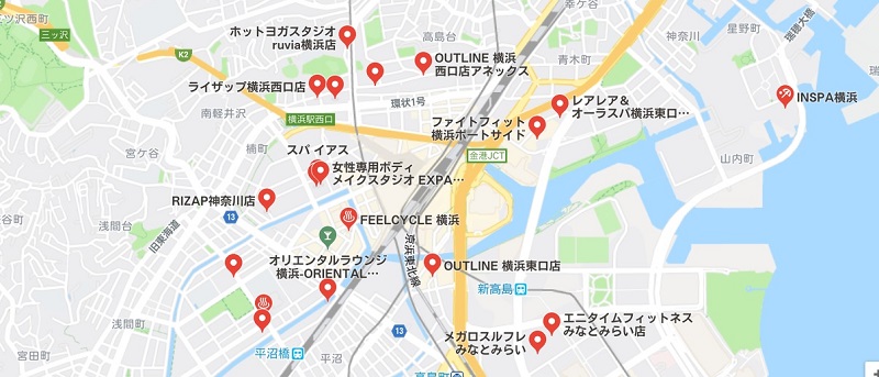 横浜の暗闇フィットネス、エリアマップ