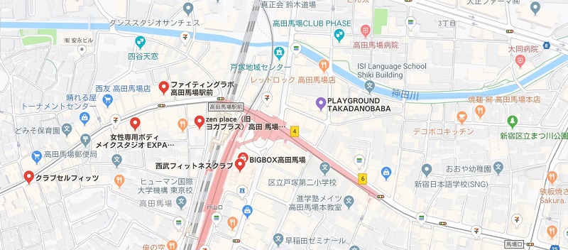 高田馬場の暗闇フィットネス、マップ検索結果キャプチャ