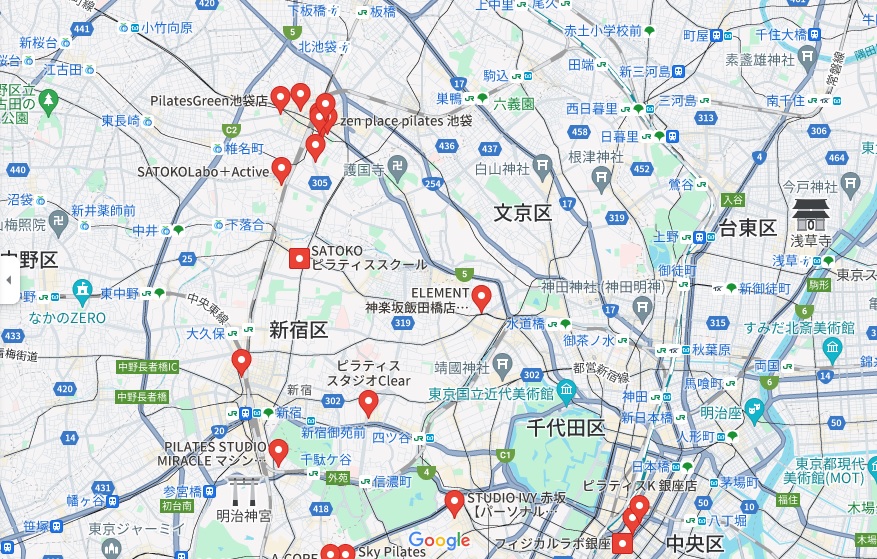 東京都内のマシンピラティス マップ