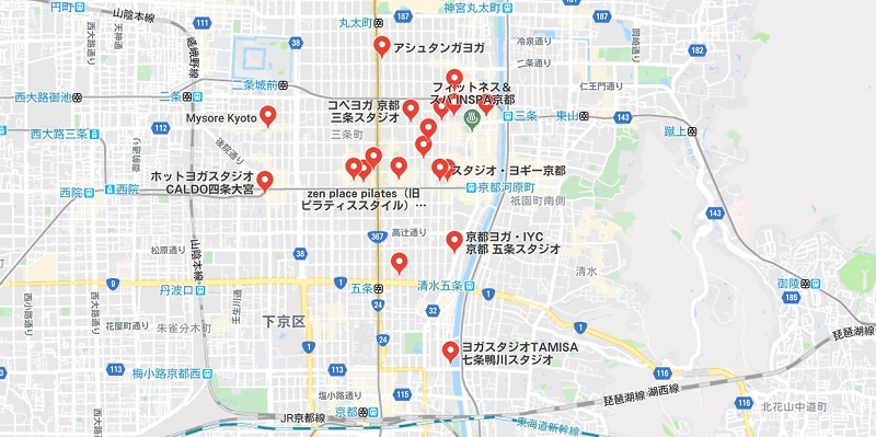 京都のヨガスタジオ、マップ検索結果