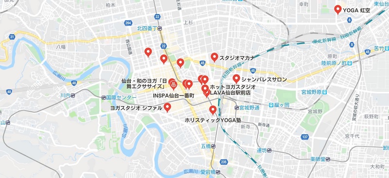 仙台のヨガ、マップ検索結果